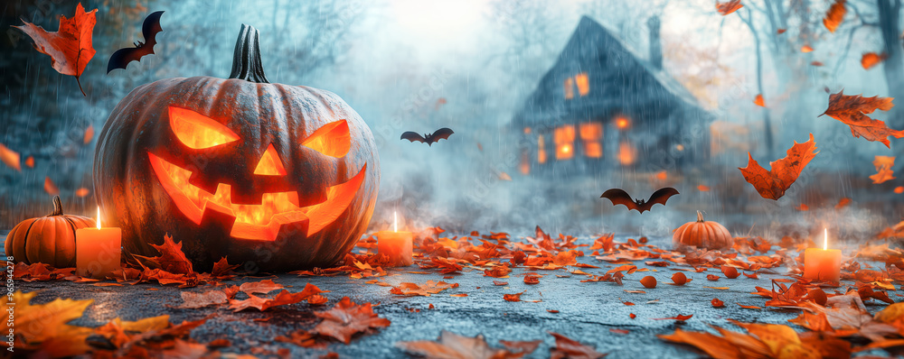 View of Jack pumpkin with burning candles and autumn leaves around. Halloween concept. View of Jack pumpkin with burning candles and autumn leaves around. Halloween concept.