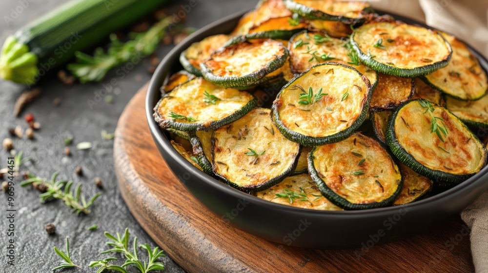 A plate of baked zucchini chips, seasoned with herbs and spices, arranged on a wooden serving board A plate of baked zucchini chips, seasoned with herbs and spices, arranged on a wooden serving board