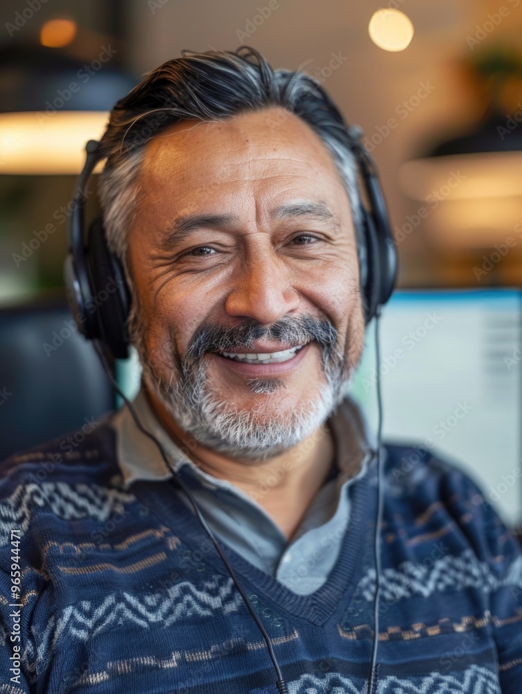 Happy, Bearded Man Wearing Headphones Happy, Bearded Man Wearing Headphones