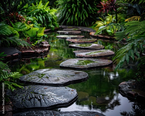 Secret garden with lush greenery, serene and inviting, Botanical, Soft greens, Photograph, Hidden paradise photo