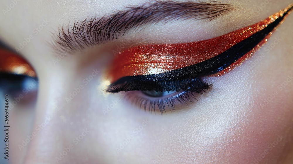 Fototapeta premium A close-up shot of bold, graphic eyeliner paired with striking metallic eyeshadow, creating an edgy fashion makeup look.