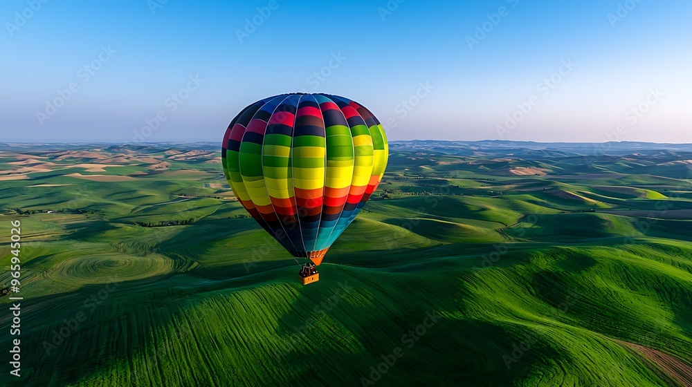 Fototapeta premium A hot air balloon gracefully soars over rolling green hills, touching the sky.