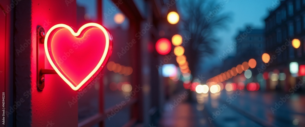 Glowing Red Heart Neon Sign Romantically Illuminates Blurry Urban Street at Dusk Glowing Red Heart Neon Sign Romantically Illuminates Blurry Urban Street at Dusk