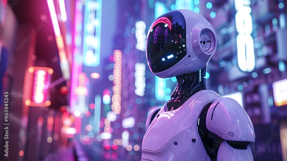 Humanoid Robot Standing in Futuristic Neon Lit Cityscape with Flying Cars Humanoid Robot Standing in Futuristic Neon Lit Cityscape with Flying Cars
