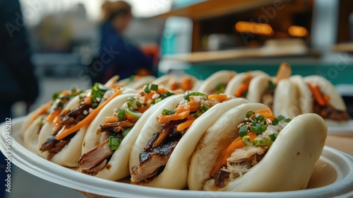 A plate of fusion street food: bao buns filled with duck confit and hoisin sauce, arranged artistically with a food truck in the distance photo