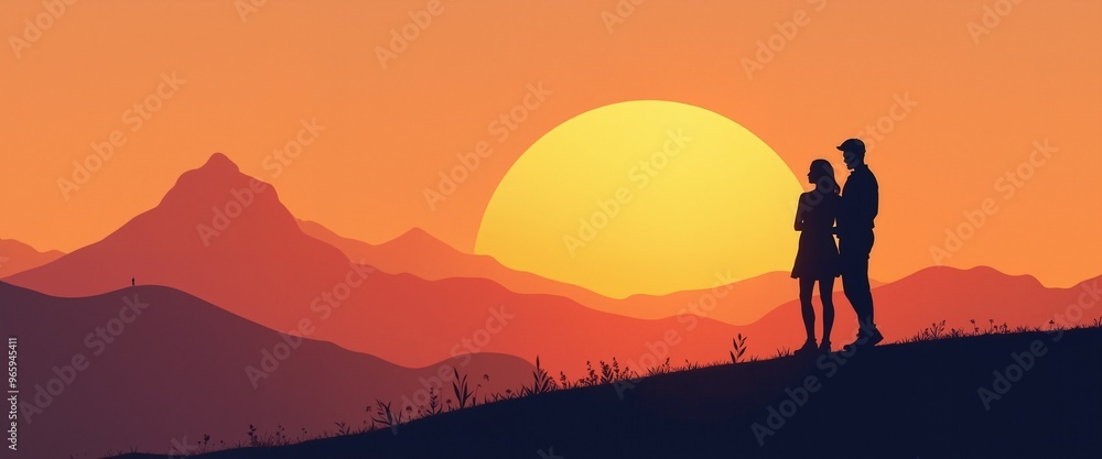Romantic couple silhouette watching sunset against mountainous landscape with copy space Romantic couple silhouette watching sunset against mountainous landscape with copy space