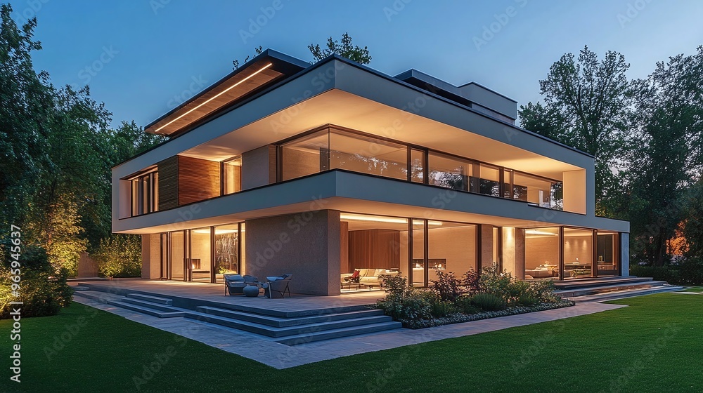 illuminated modern house exterior with elegant lighting and garden ...