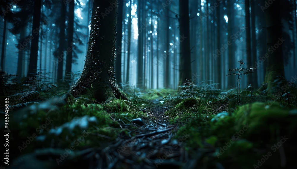 Obraz premium Spooky forest with dense trees, eerie and mysterious, Nature, Cool tones, Photograph, Haunted woods