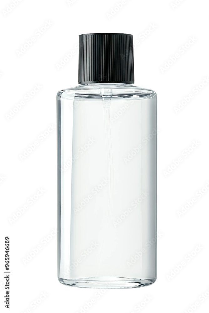 A clear glass bottle with a black cap, perfect for showcasing your product. A clear glass bottle with a black cap, perfect for showcasing your product.