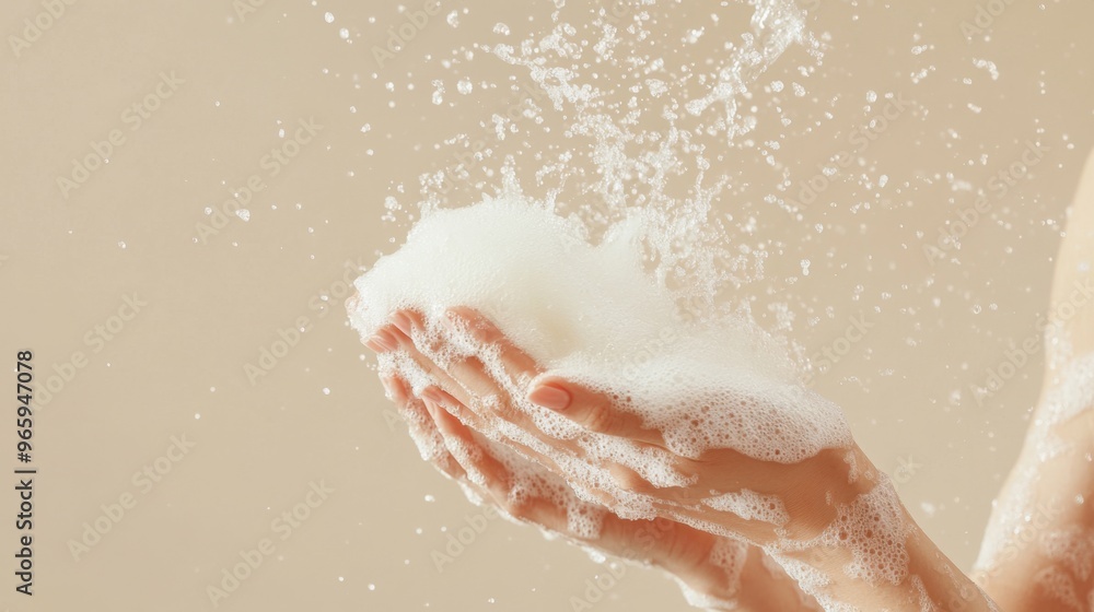 Fototapeta premium cropped view of female hands in soap foam isolated on beige