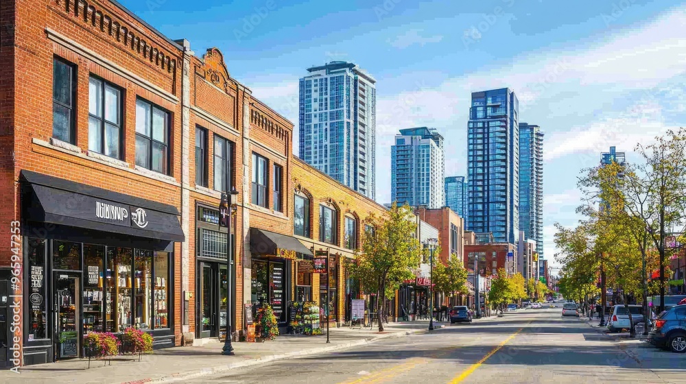 A downtown shopping district lined with trendy storefronts and boutique buildings, with high-rise offices in the background. A downtown shopping district lined with trendy storefronts and boutique buildings, with high-rise offices in the background.