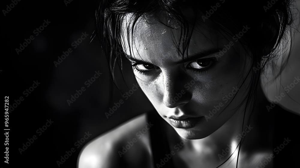 A dramatic high-contrast black and white portrait capturing intense emotion and strong lighting contrasts. A dramatic high-contrast black and white portrait capturing intense emotion and strong lighting contrasts.