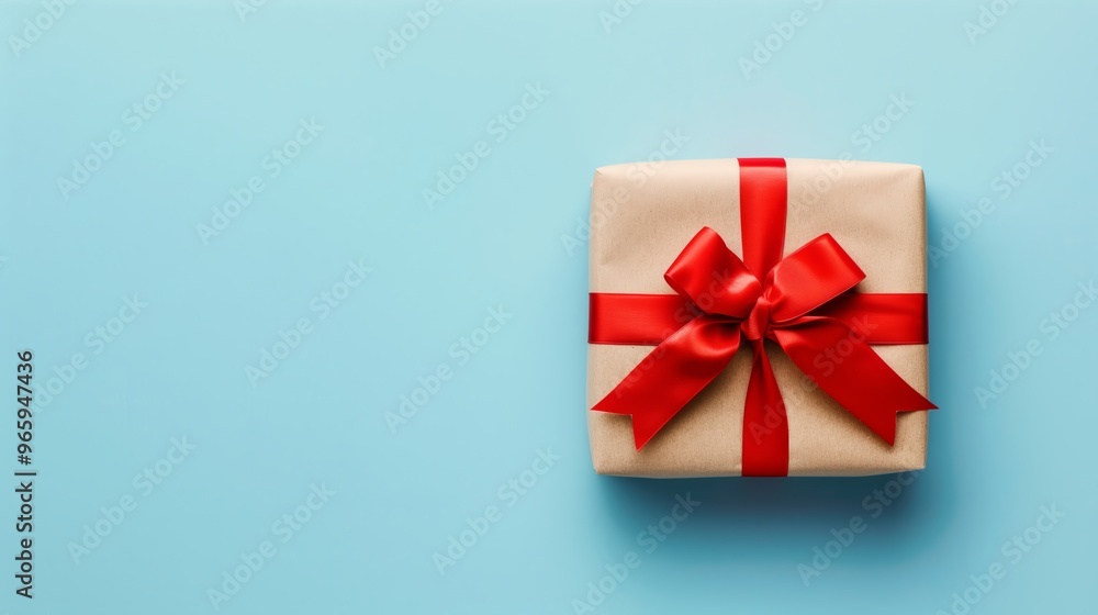 Gift box with red ribbon and bow on a light blue background, minimalistic and festive concept Gift box with red ribbon and bow on a light blue background, minimalistic and festive concept