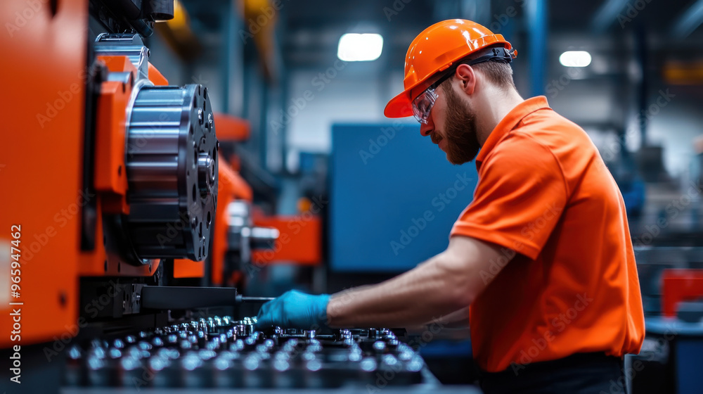 Factory worker operating advanced machinery in a modern industrial setting, focused on precise technical work in manufacturing. Factory worker operating advanced machinery in a modern industrial setting, focused on precise technical work in manufacturing.