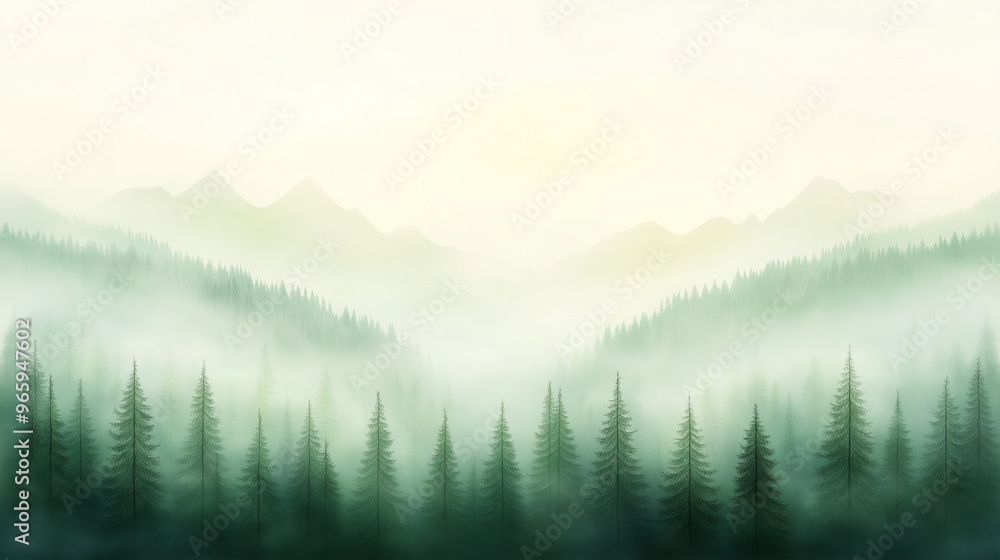 A mountain range with a foggy sky and trees A mountain range with a foggy sky and trees