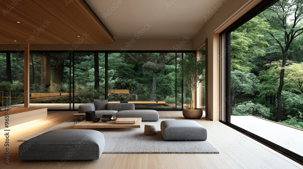 Modern minimalist living room with large floor-to-ceiling windows offering a view of lush green forest. The interior features low seating, wooden floors, and indoor plants. Modern minimalist living room with large floor-to-ceiling windows offering a view of lush green forest. The interior features low seating, wooden floors, and indoor plants.
