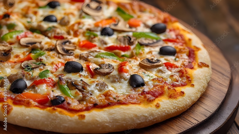 A close-up of a freshly baked artisan pizza with a variety of toppings including mushrooms, bell peppers, and olives, set on a wooden pizza peel. A close-up of a freshly baked artisan pizza with a variety of toppings including mushrooms, bell peppers, and olives, set on a wooden pizza peel.