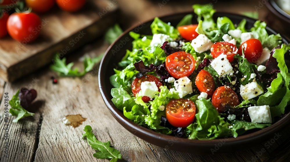 A beautifully arranged gourmet salad with fresh greens, cherry tomatoes, and a sprinkle of feta cheese, presented on a rustic wooden table. A beautifully arranged gourmet salad with fresh greens, cherry tomatoes, and a sprinkle of feta cheese, presented on a rustic wooden table.