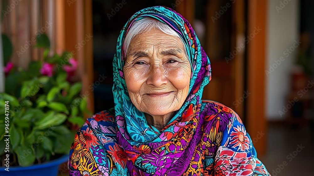 An elderly woman�s portrait captures her wearing a vibrant, colorful headscarf. An elderly woman�s portrait captures her wearing a vibrant, colorful headscarf.