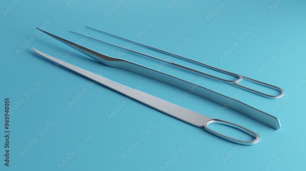 A collection of surgical instruments displayed on a blue background, showcasing precision and design in medical tools. A collection of surgical instruments displayed on a blue background, showcasing precision and design in medical tools.