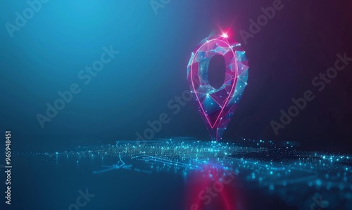 Gps, location sign in futuristic abstract style on blue background. Gps navigator pin. Map pointer sign. Route navigator. Polygon vector wireframe concept. Low poly, mesh art