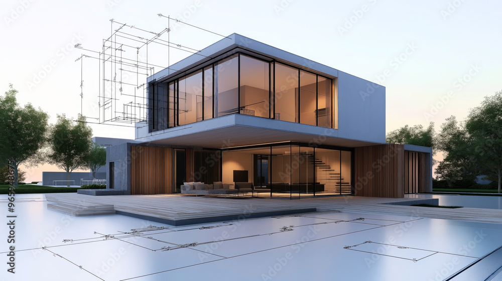 Modern two-story house with large windows and a spacious wooden deck ...