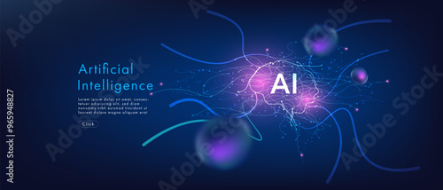 Futuristic digital brain made of curve line with AI letters. Concept of artificial intelligence, neural networks, and advanced technology. Vector illustration on blue background.