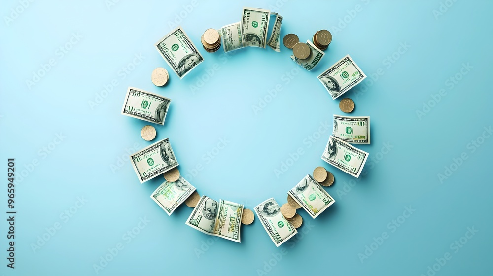 Payday with Dollar Bills and Coins Arranged in a Circle,3D Payday with Dollar Bills and Coins Arranged in a Circle,3D