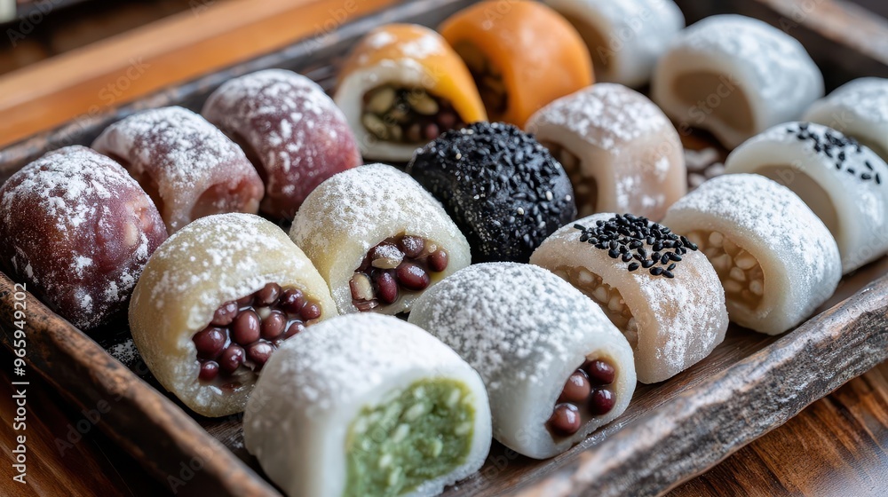 A rustic tray of assorted mochi filled with sweet red beans, matcha, and black sesame, dusted lightly with cornstarch, Japanese sweets, closeup