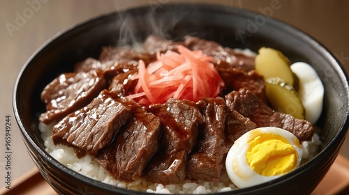 A steaming donburi rice bowl with tender beef slices drizzled with soy sauce, served with pickled ginger and soft-boiled egg, Japanese comfort food