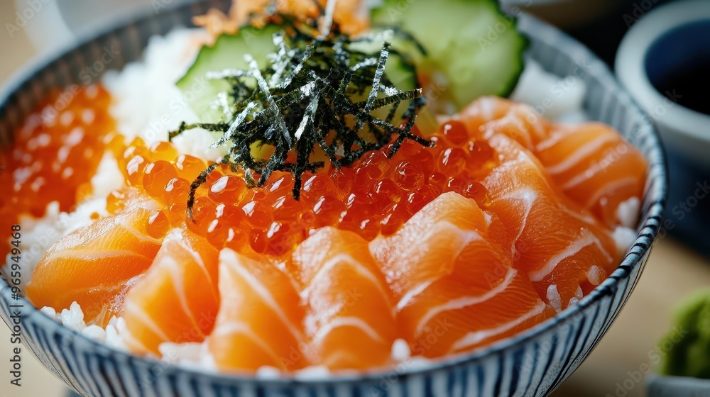 A vibrant seafood donburi bowl featuring fresh salmon sashimi, ikura, and shredded nori over rice, closeup, Japanese dining A vibrant seafood donburi bowl featuring fresh salmon sashimi, ikura, and shredded nori over rice, closeup, Japanese dining
