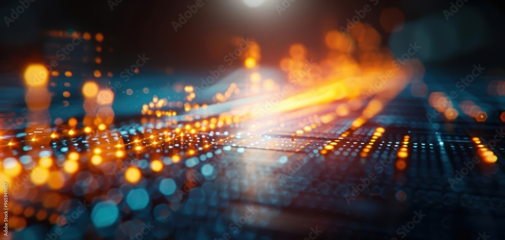 Fototapeta premium Vibrant digital abstract with glowing lines and dots representing data flow in a futuristic technology landscape.