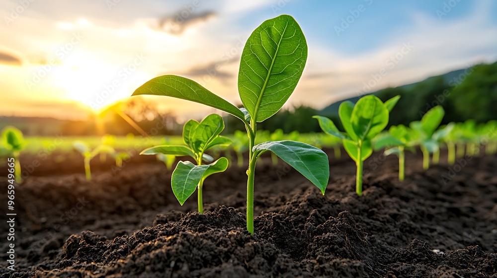 Green seedlings push through rich soil, bathed in the warm glow of a sunset. Green seedlings push through rich soil, bathed in the warm glow of a sunset.