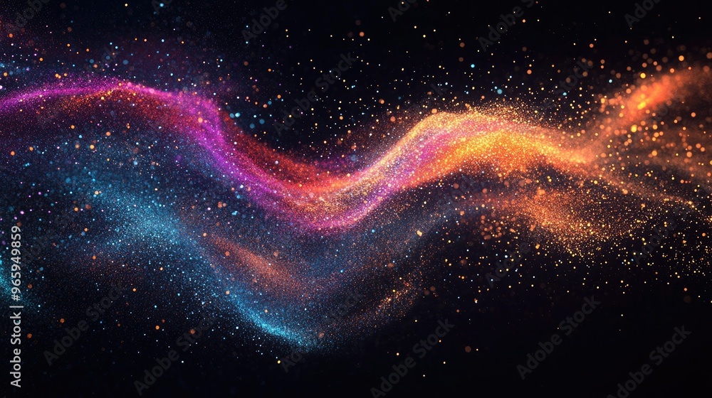 A dynamic wave of colorful particles flying across a dark background, creating the impression of energy and motion. A dynamic wave of colorful particles flying across a dark background, creating the impression of energy and motion.