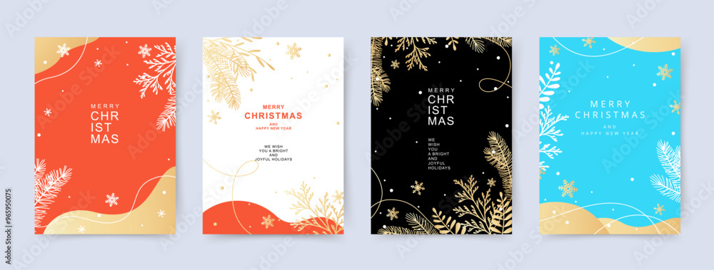 Naklejka premium Set of Winter holidays banner templates. Minimal background with Christmas tree branches and snowflakes. Christmas card. Vector illustration for poster, banner, cover, mobile app, social media, flyer
