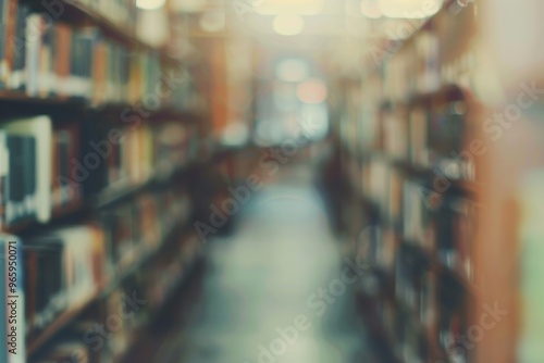 Blurred abstract library background with shelves, warm academic ambiance.