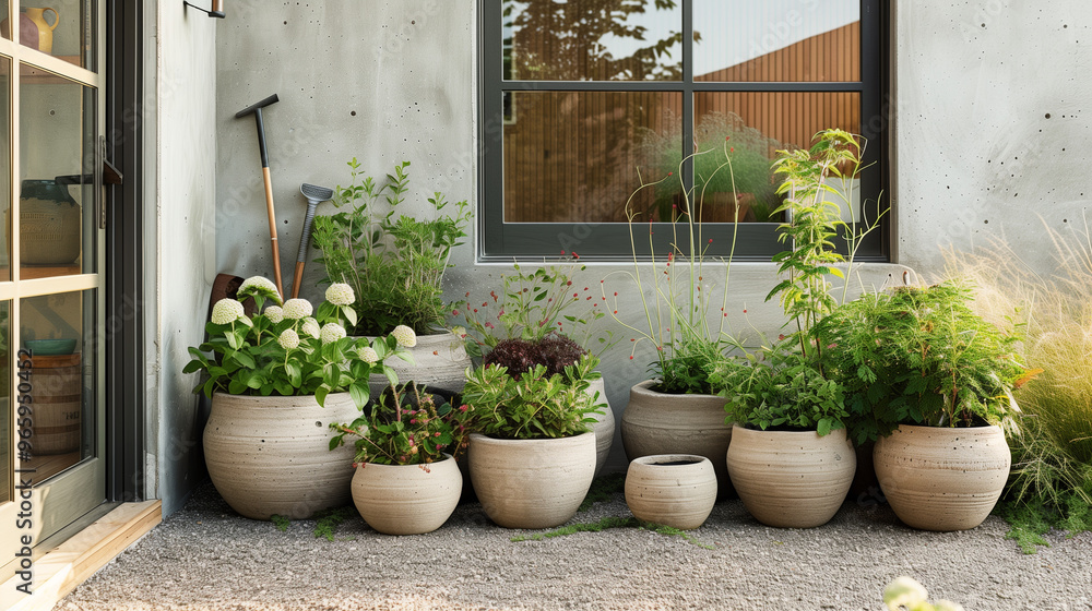 Fototapeta premium A serene garden scene featuring various potted plants in textured ceramic pots, showcasing mix of greenery and flowers. arrangement adds touch of nature to modern architecture.