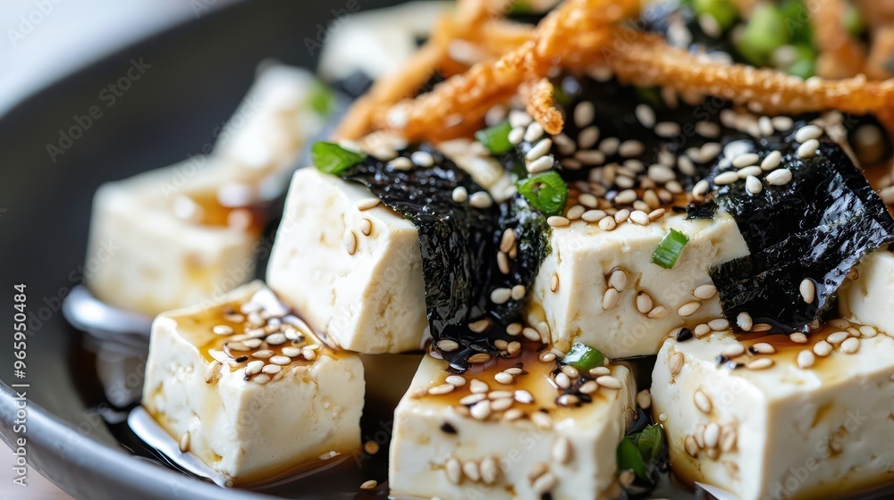 Closeup of silky tofu cubes garnished with crispy seaweed strips and sesame seeds, drizzled with light soy sauce, Japanese food photography Closeup of silky tofu cubes garnished with crispy seaweed strips and sesame seeds, drizzled with light soy sauce, Japanese food photography