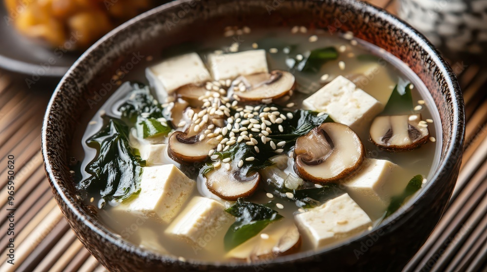 Delicate tofu and seaweed soup with thinly sliced mushrooms and a sprinkle of sesame seeds, presented in a traditional Japanese bowl, closeup Delicate tofu and seaweed soup with thinly sliced mushrooms and a sprinkle of sesame seeds, presented in a traditional Japanese bowl, closeup