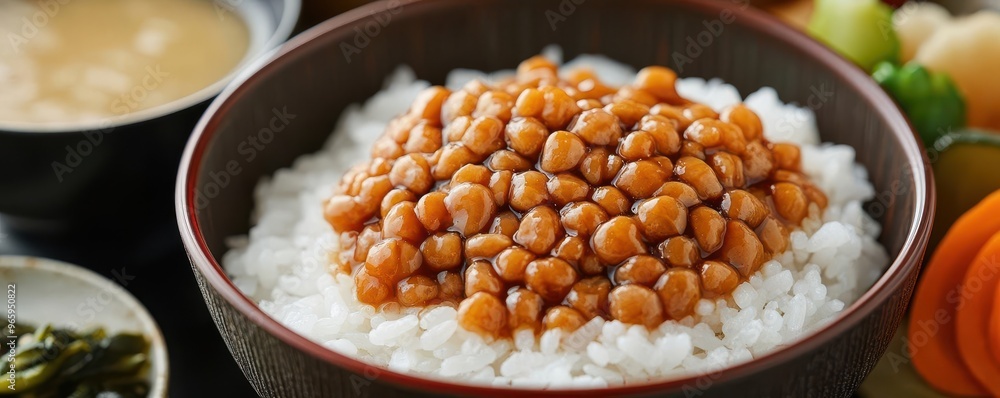 Detailed closeup of natto rice with its signature sticky strands, accompanied by a side of miso soup and pickled vegetables, capturing the essence of a Japanese meal Detailed closeup of natto rice with its signature sticky strands, accompanied by a side of miso soup and pickled vegetables, capturing the essence of a Japanese meal