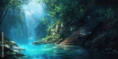 Stone Steps Leading to a Waterfall in a Lush Forest