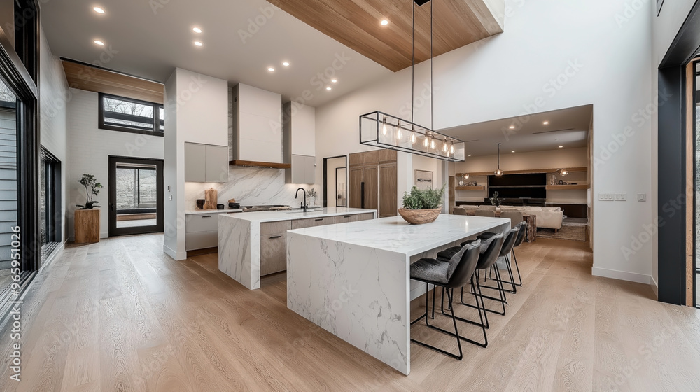 Modern open-plan kitchen and living area with high ceilings, marble countertops, kitchen island, bar stools, pendant lighting, and wooden accents. Modern open-plan kitchen and living area with high ceilings, marble countertops, kitchen island, bar stools, pendant lighting, and wooden accents.