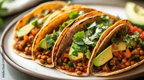 A plate of spicy vegan tacos, filled with lentils, avocado, salsa, and a sprinkle of fresh cilantro, served on corn tortillas