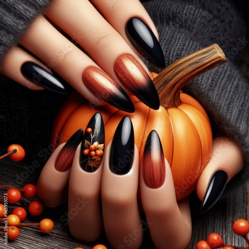 black nails with orange gradient autumn manicures decoration
