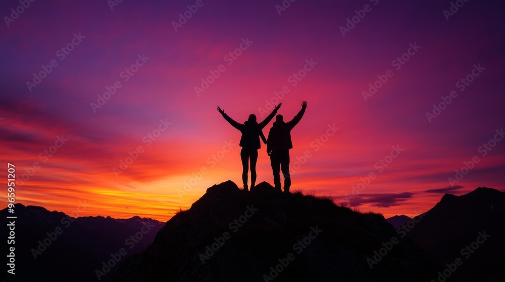 A breathtaking sunset silhouette with two adventurers celebrating on a mountain peak. This vibrant image captures the joy of exploration A breathtaking sunset silhouette with two adventurers celebrating on a mountain peak. This vibrant image captures the joy of exploration