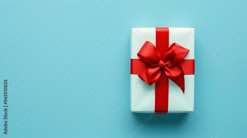 Gift box with red ribbon and bow on a light blue background, minimalistic and festive concept Gift box with red ribbon and bow on a light blue background, minimalistic and festive concept