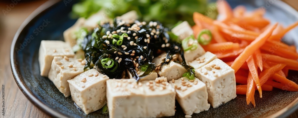 Rustic tofu salad with fresh wakame seaweed, julienned carrots, and a light sesame dressing, arranged on a traditional Japanese plate, closeup Rustic tofu salad with fresh wakame seaweed, julienned carrots, and a light sesame dressing, arranged on a traditional Japanese plate, closeup
