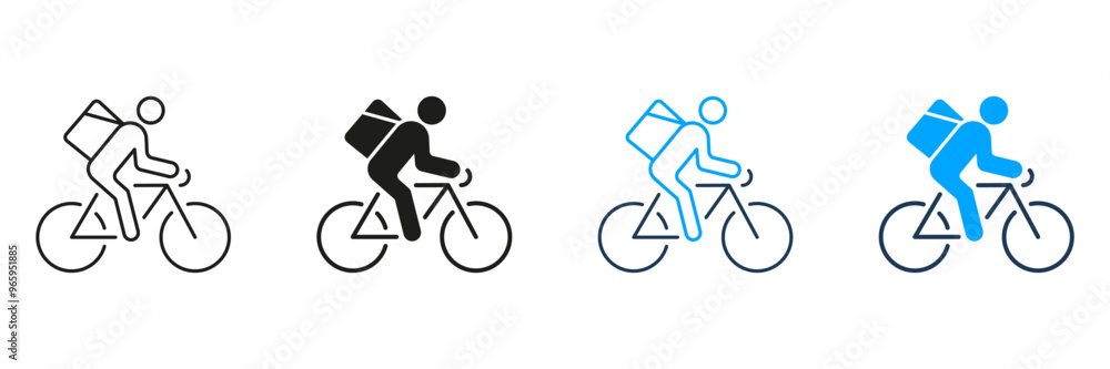 Courier On Bike Line and Silhouette Icon Set. Express Delivery Service Pictogram. Fast Shipping of Food or Goods Symbol. Editable Stroke. Isolated Vector Illustration Courier On Bike Line and Silhouette Icon Set. Express Delivery Service Pictogram. Fast Shipping of Food or Goods Symbol. Editable Stroke. Isolated Vector Illustration