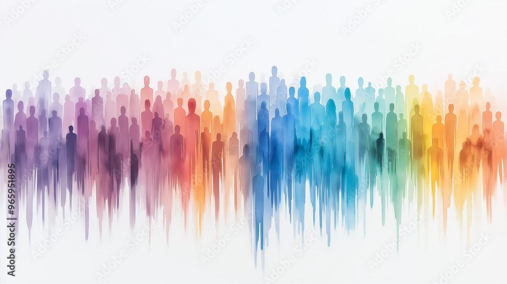 A painting of a crowd of people in a rainbow of colors A painting of a crowd of people in a rainbow of colors