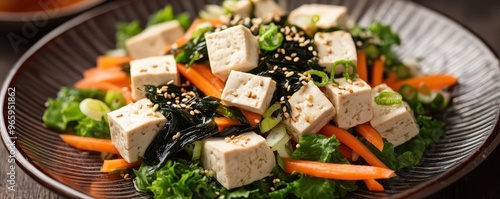 Rustic tofu salad with fresh wakame seaweed, julienned carrots, and a light sesame dressing, arranged on a traditional Japanese plate, closeup